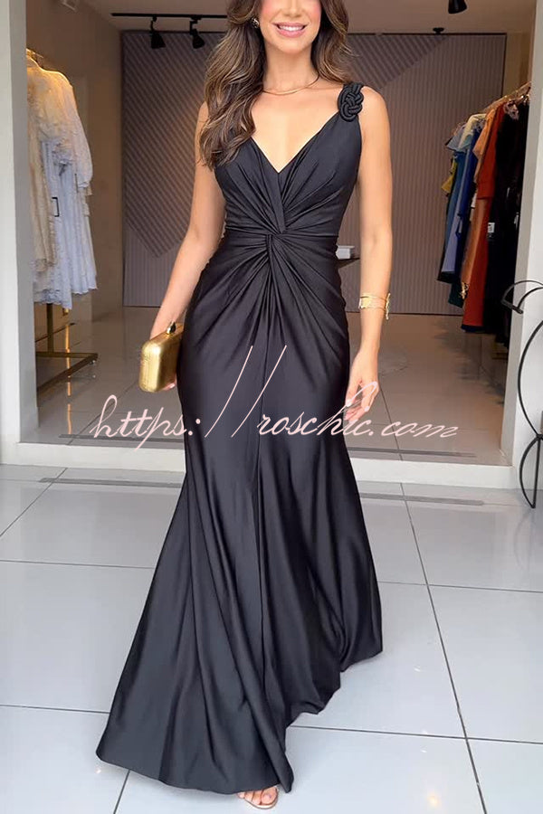 Glow Together Satin Knot Design Shoulder Strap Sleeveless Drape Slit Maxi Dress