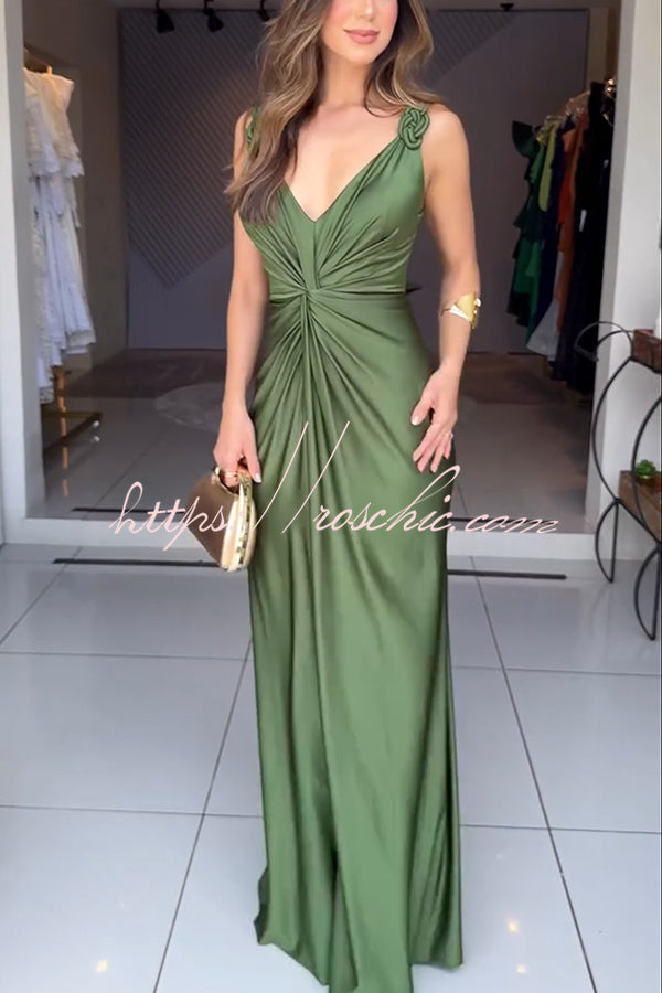 Glow Together Satin Knot Design Shoulder Strap Sleeveless Drape Slit Maxi Dress