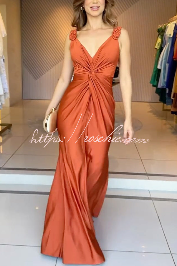 Glow Together Satin Knot Design Shoulder Strap Sleeveless Drape Slit Maxi Dress