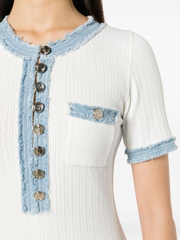 SANDRO DENIM-TRIM KNITTED MAXI DRESS - WHITE
