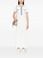 SANDRO DENIM-TRIM KNITTED MAXI DRESS - WHITE