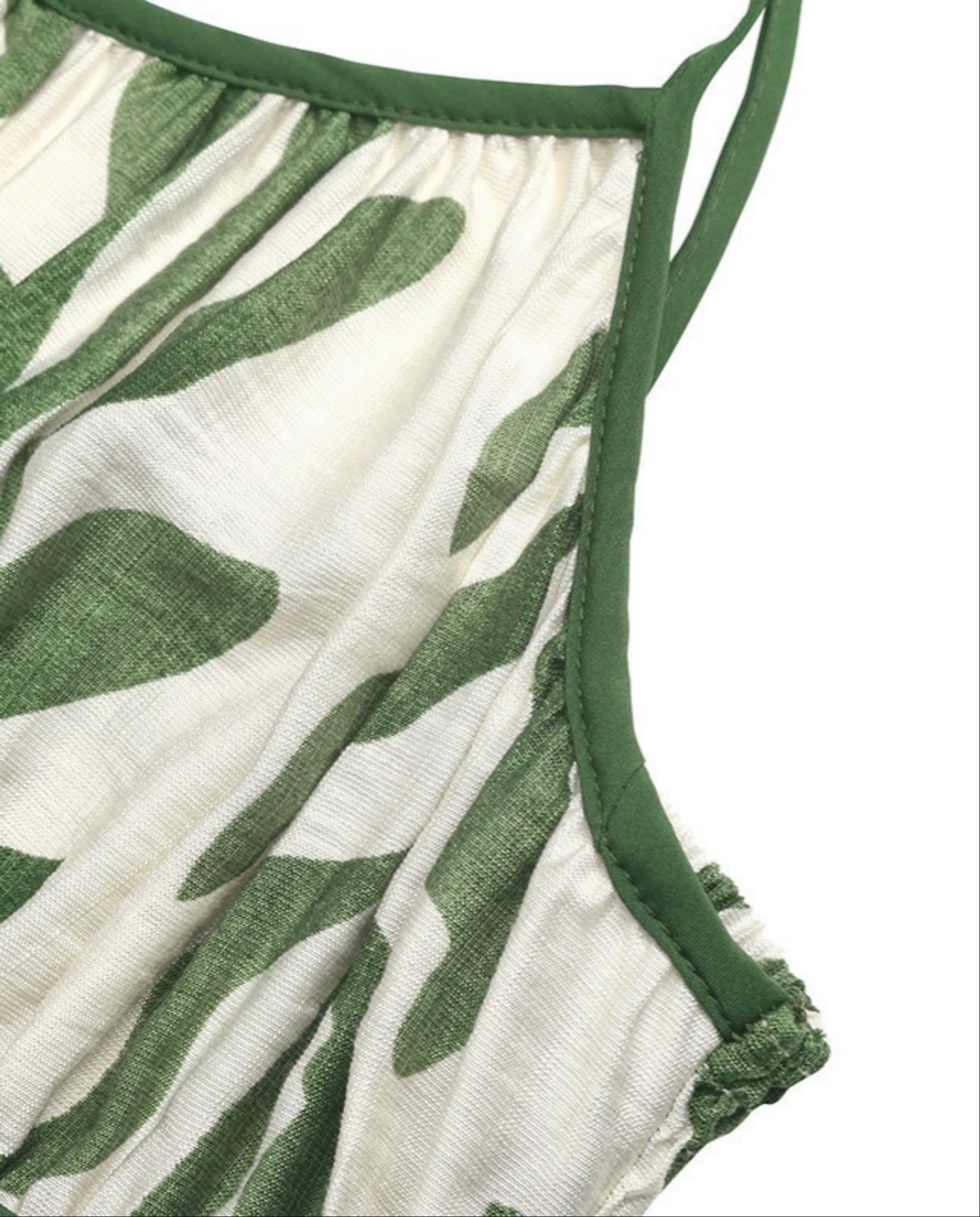 Green Leaf Print Tie-Strap Empire Waist Midi Dress