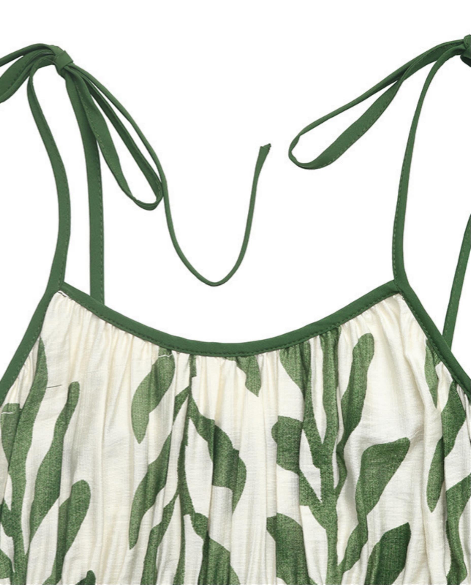Green Leaf Print Tie-Strap Empire Waist Midi Dress