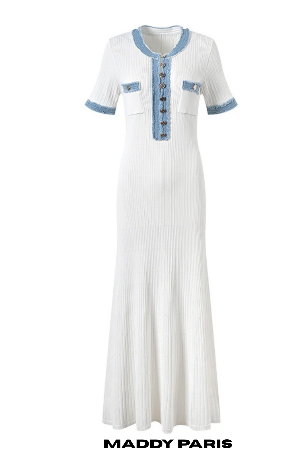 SANDRO DENIM-TRIM KNITTED MAXI DRESS - WHITE