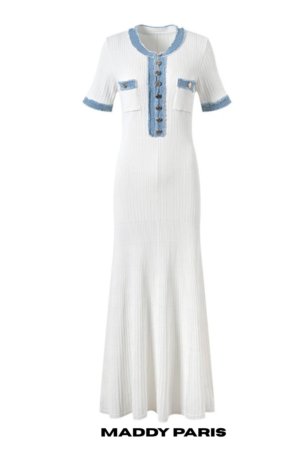 SANDRO DENIM-TRIM KNITTED MAXI DRESS - WHITE