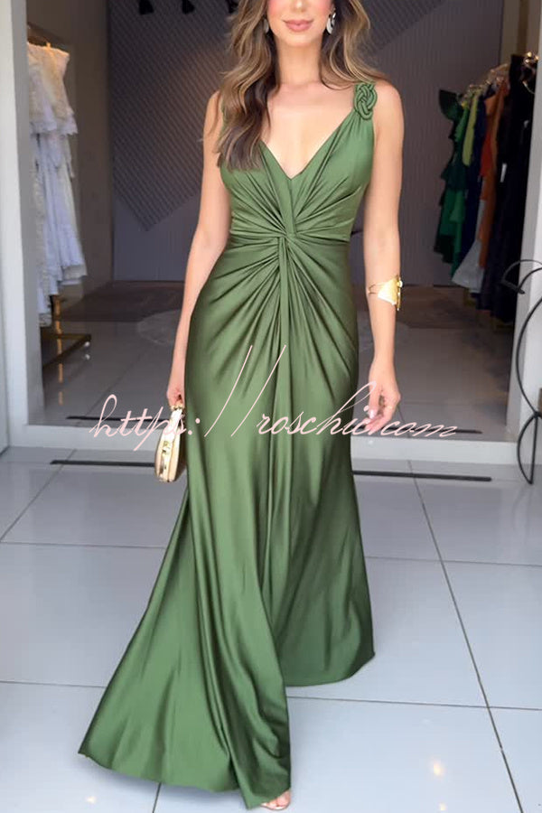 Glow Together Satin Knot Design Shoulder Strap Sleeveless Drape Slit Maxi Dress